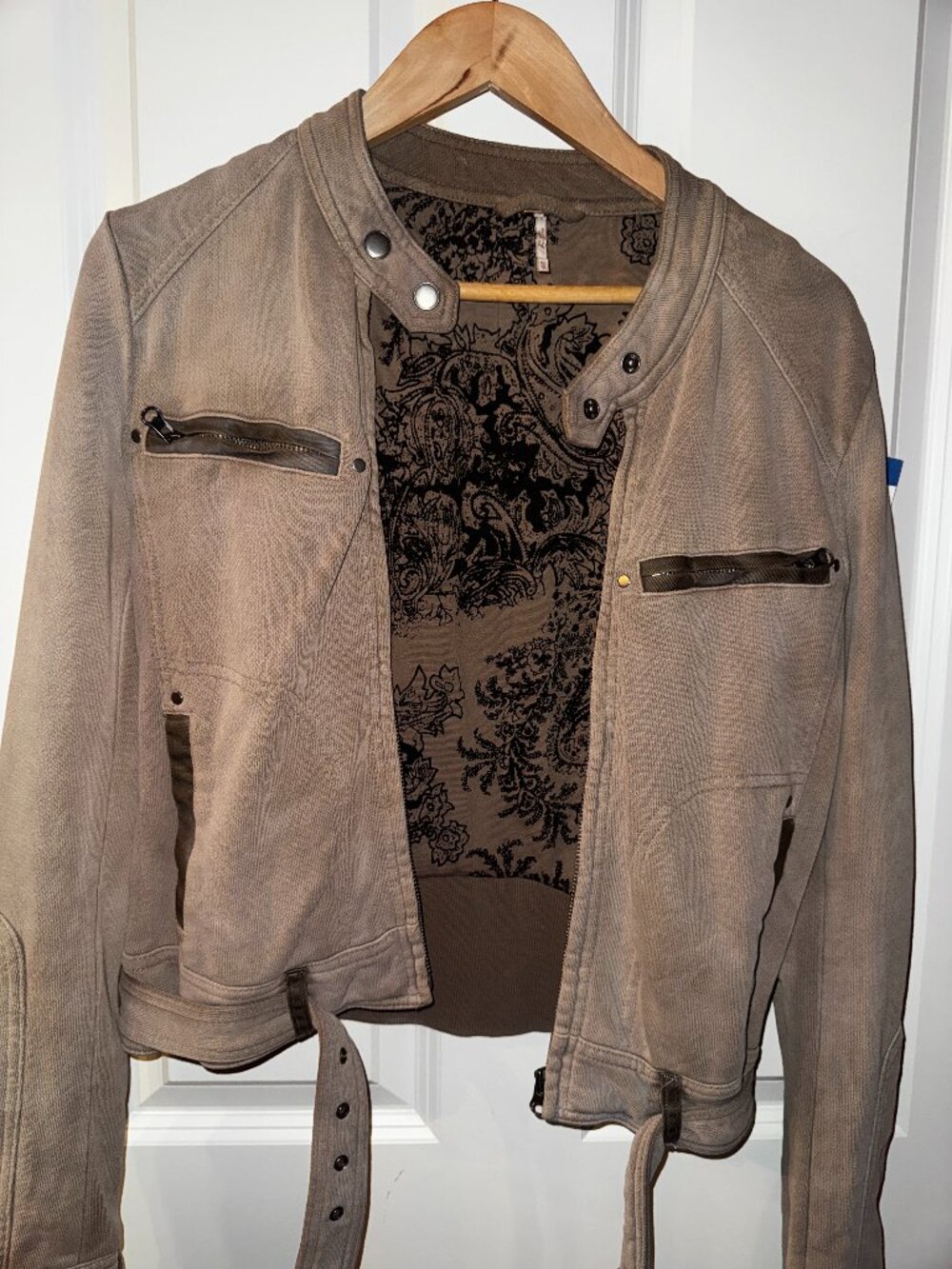 Free People Ride By Knit Moto Jacket Tan Taupe Mineral Wash Floral Lining XS